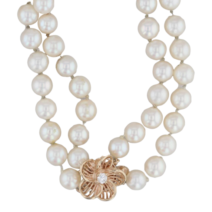 015ctw diamond cultured pearl bead two strand necklace 14k gold flower clasp 9853