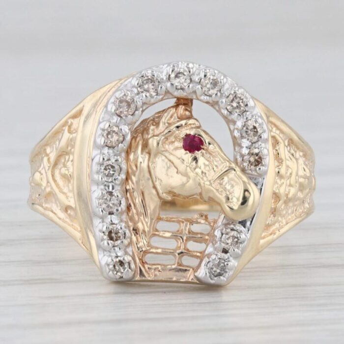 020ctw diamond horseshoe horse ring 14k gold size 115 western lab created ruby 5626