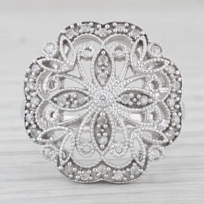 023ctw diamond flower filigree ring 14k white gold size 9 cocktail 3876