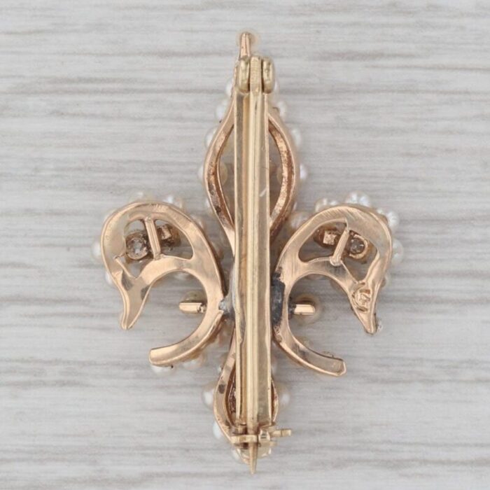 038ctw diamond seed pearl fleur de lis brooch 14k yellow gold pin 7608