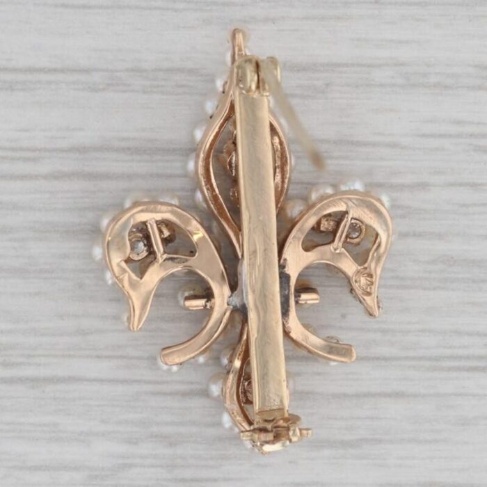 038ctw diamond seed pearl fleur de lis brooch 14k yellow gold pin 8316