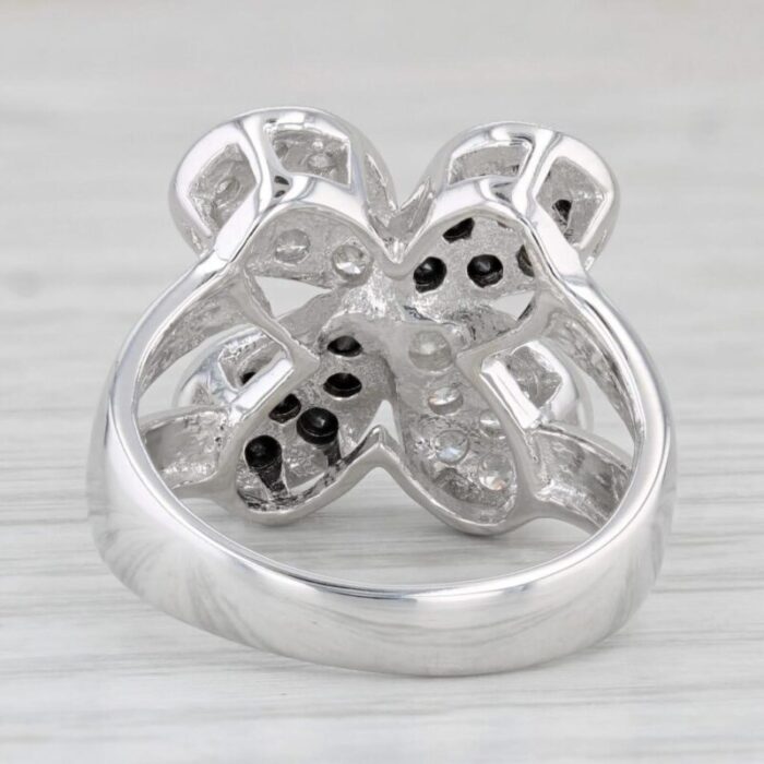 050ctw black white pave diamond flower ring 14k white gold size 7 cocktail 7214