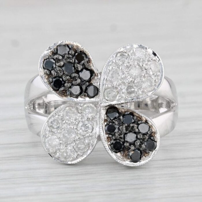 050ctw black white pave diamond flower ring 14k white gold size 7 cocktail 9001