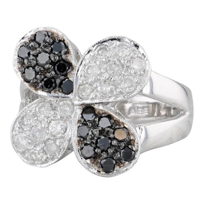 050ctw black white pave diamond flower ring 14k white gold size 7 cocktail 9165