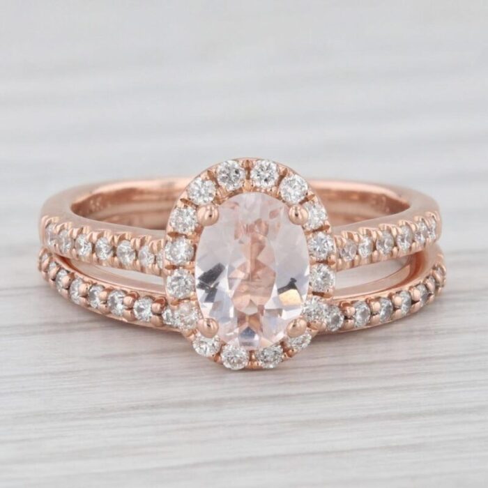 070ct oval morganite diamond halo engagement ring 14k rose gold size 475 7328