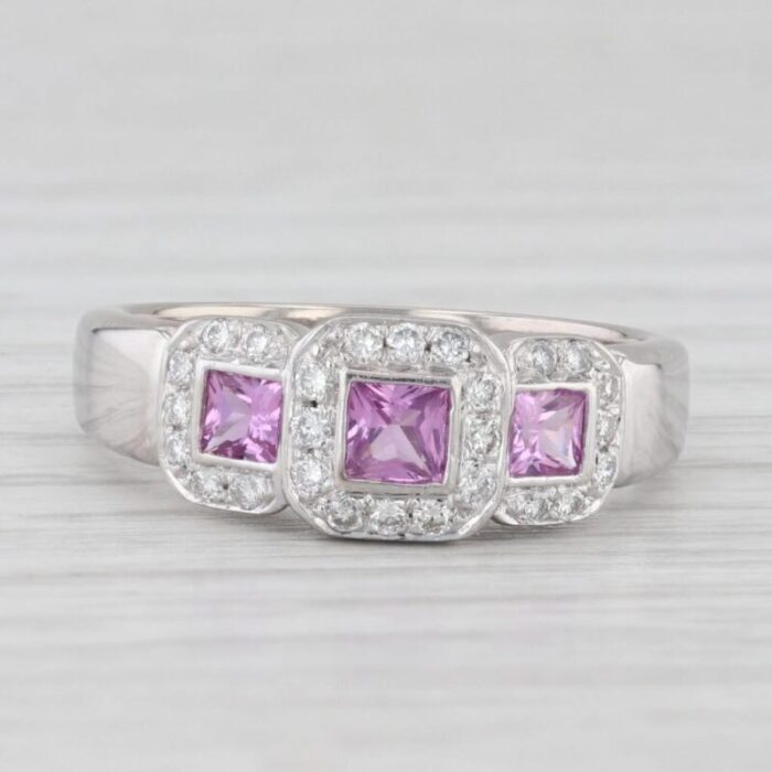 087ctw pink sapphire diamond halo 3 stone ring 14k white gold size 65 7227