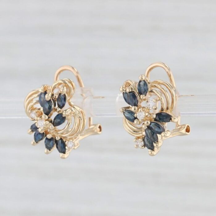 109ctw blue sapphire diamond cluster earrings 14k yellow gold omega backs 7123