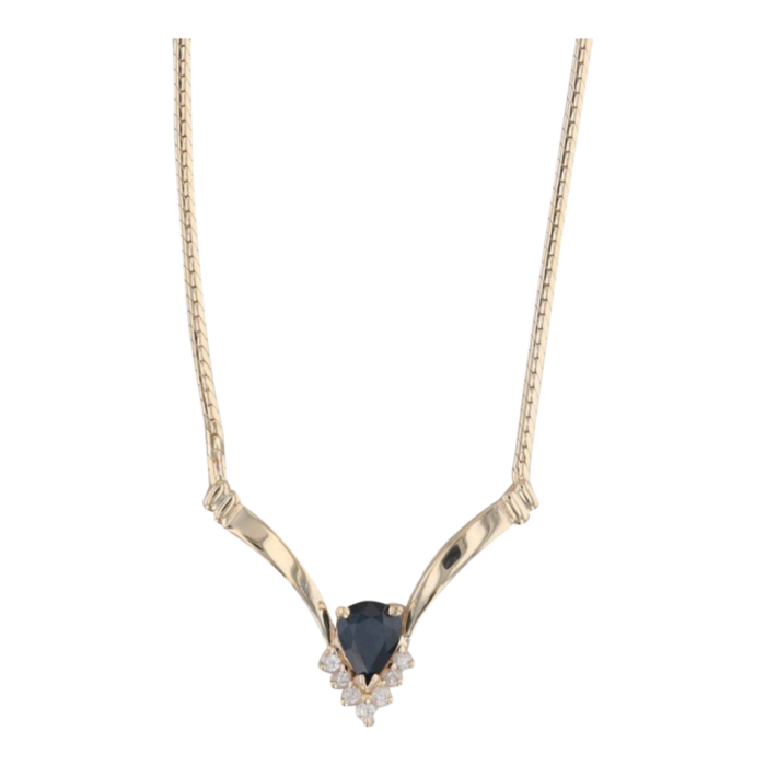 118ctw blue sapphire diamond v necklace 14k yellow gold 17 herringbone chain 4229