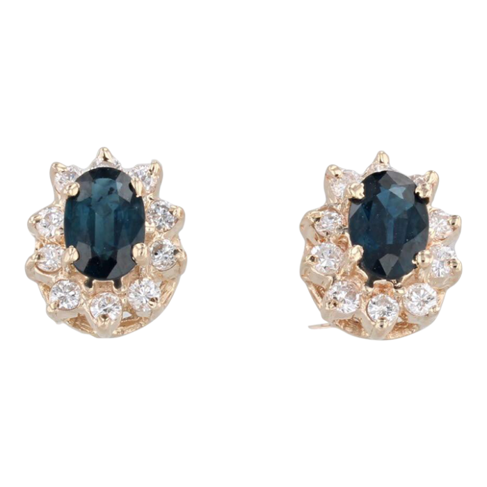 184ctw oval blue sapphire diamond halo stud earrings 14k yellow gold 2 pieces 8438