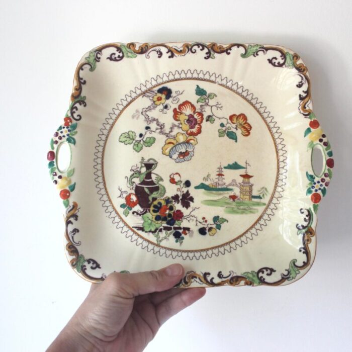 1940s masons square handled cake plate chinoiserie pattern with dragons pagodas vase floral crazed ironstone c 2809 3614