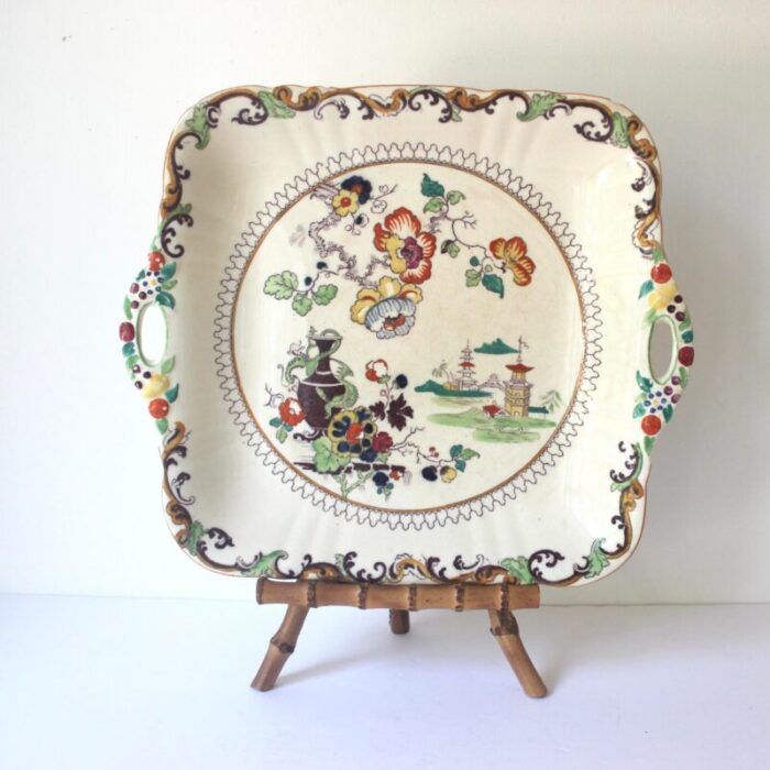 1940s masons square handled cake plate chinoiserie pattern with dragons pagodas vase floral crazed ironstone c 2809 8075