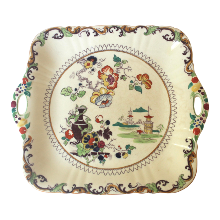 1940s masons square handled cake plate chinoiserie pattern with dragons pagodas vase floral crazed ironstone c 2809 8685