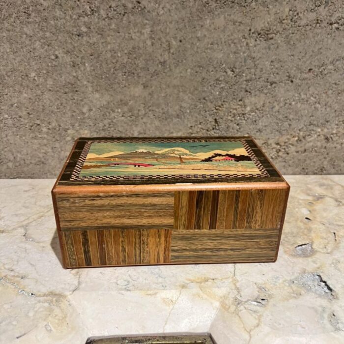 1950s japanese scenic mountains puzzle box wood inlay 0533