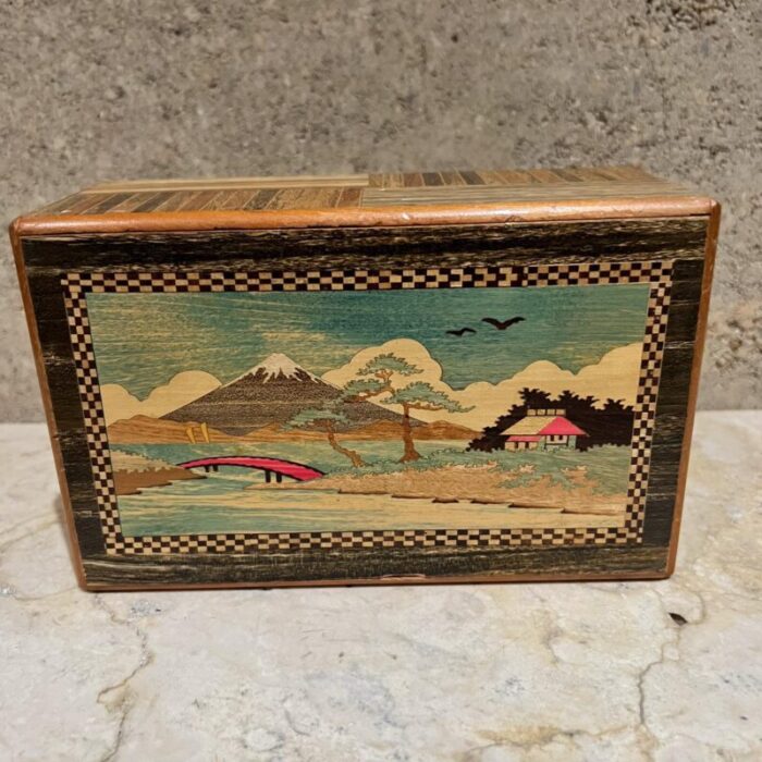 1950s japanese scenic mountains puzzle box wood inlay 0898