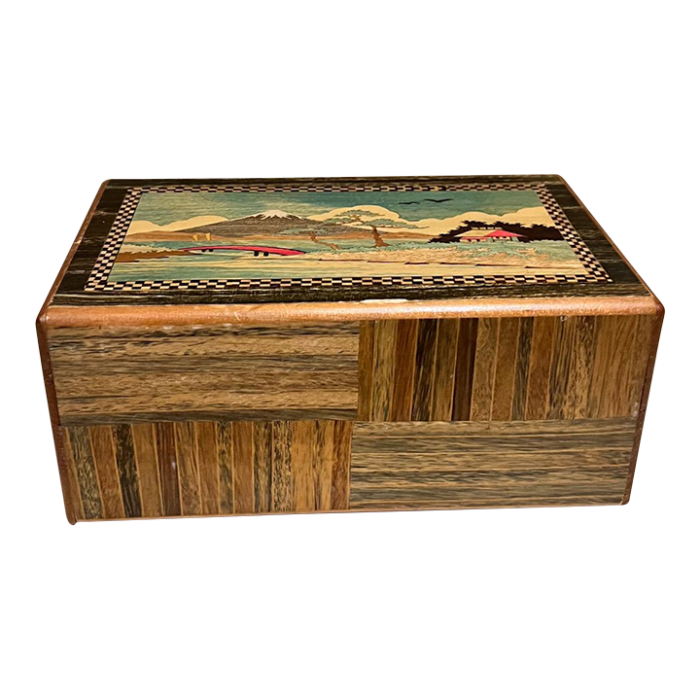 1950s japanese scenic mountains puzzle box wood inlay 6785