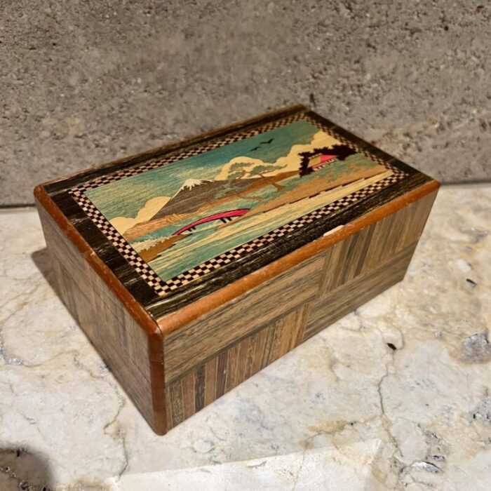 1950s japanese scenic mountains puzzle box wood inlay 8758