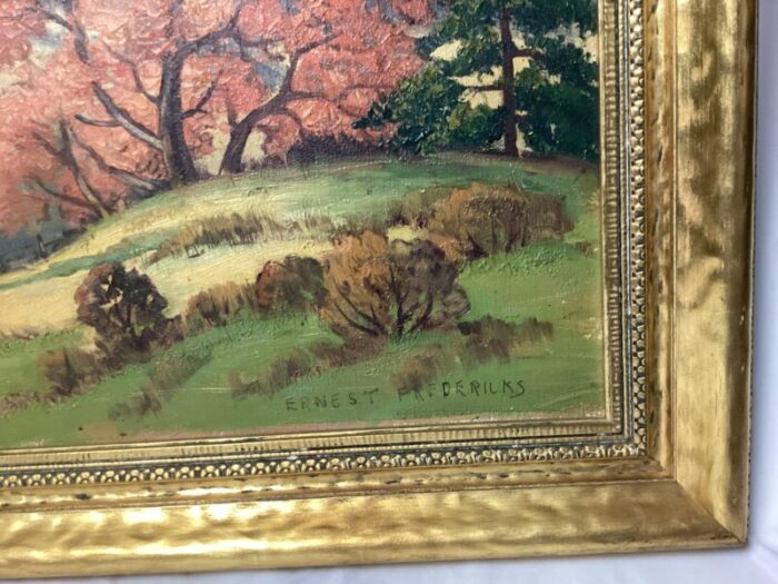 1950s large impressionist landscape oil on canvas painting signed by ernest frederick framed 3453