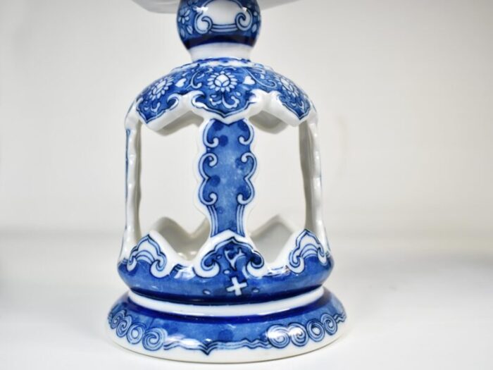 1970s chinoiserie pagoda blue and white porcelain candle stick holders a pair 6463