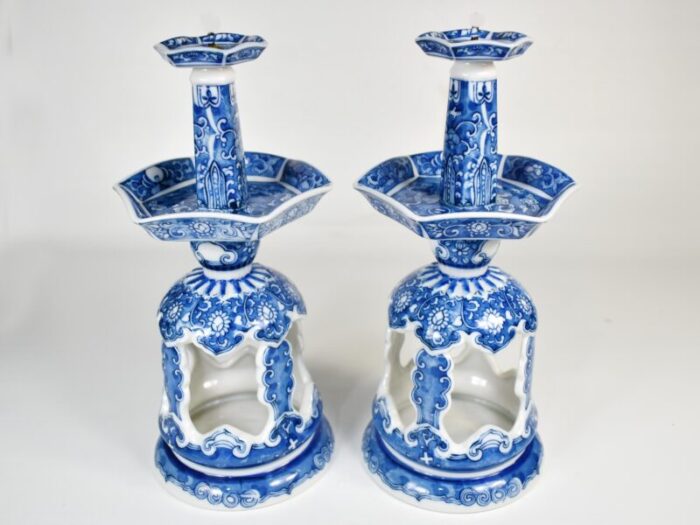 1970s chinoiserie pagoda blue and white porcelain candle stick holders a pair 6848