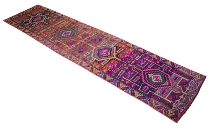 1970s vintage purple hand knotted runner rug 210 12 4936