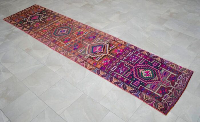 1970s vintage purple hand knotted runner rug 210 12 5608