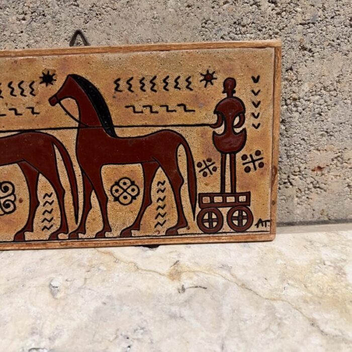 1970s wall art terracotta tile greek horse chariot angelos tsakirakis 9131