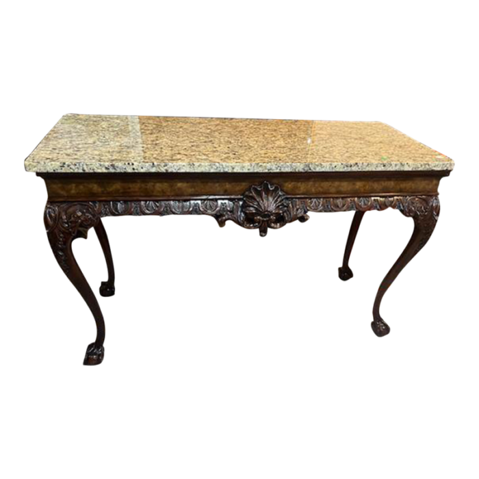 1970s walnut chippendale style marble top large console table 0923