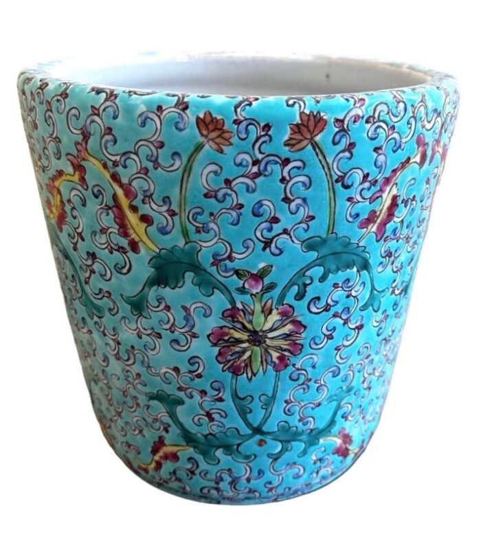 1980s chinoiserie style turquoise cachepot plantar or vase in a botanical pattern 1137