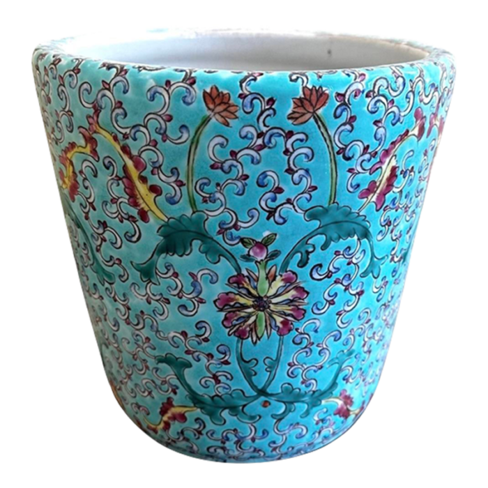 1980s chinoiserie style turquoise cachepot plantar or vase in a botanical pattern 3885