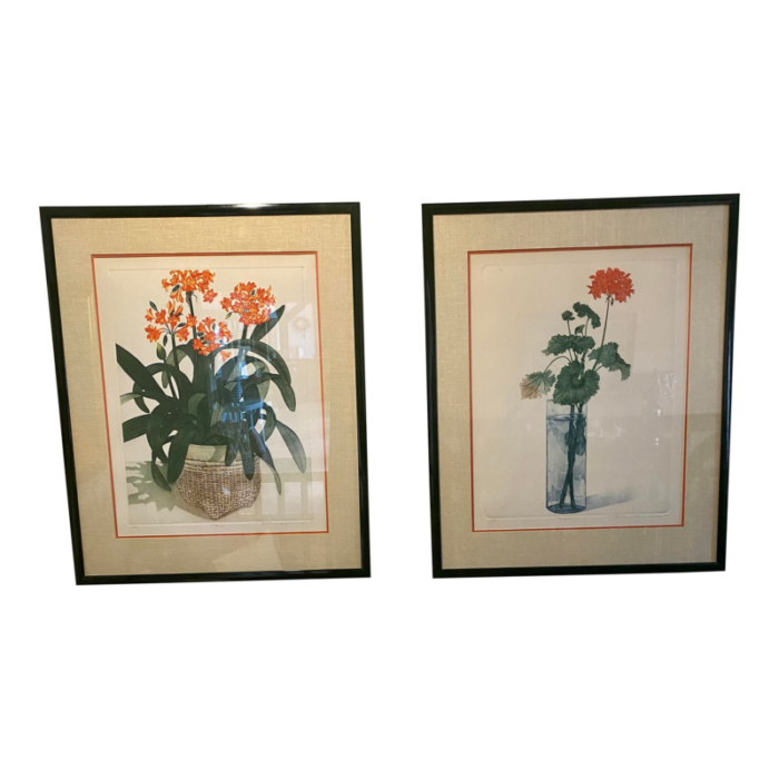 1980s pair framed and matted floral prints 4375