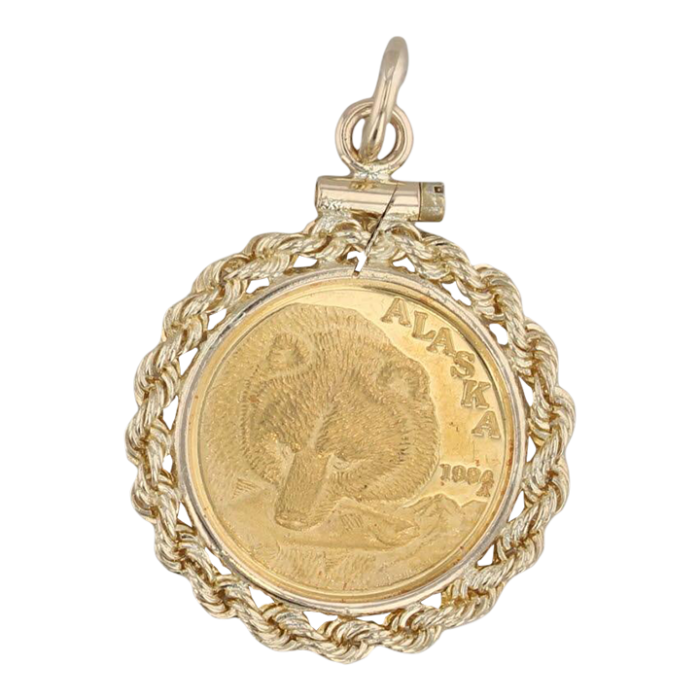 1994 alaska grizzly bear coin pendant 14k 999 gold state great seal 6837