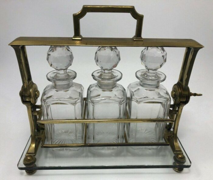 19th century bronze liqueur case with crystal decanters set of 4 1