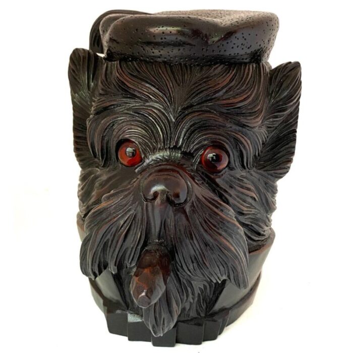 19th century swiss black forest walnut glass eyes terrier dog tobacco jar 2250