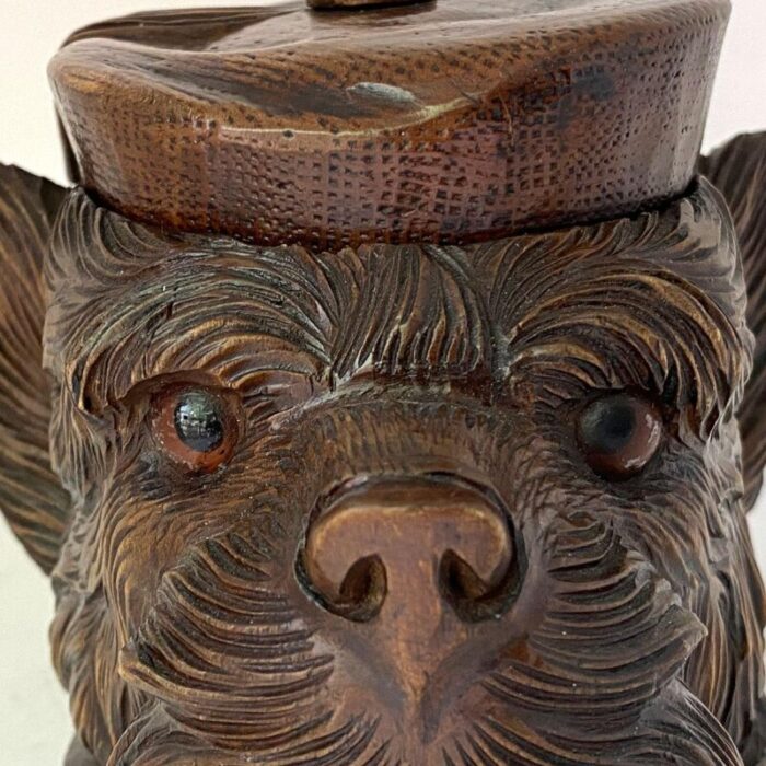 19th century swiss black forest walnut glass eyes terrier dog tobacco jar 6686