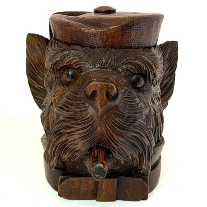 19th century swiss black forest walnut glass eyes terrier dog tobacco jar 6696