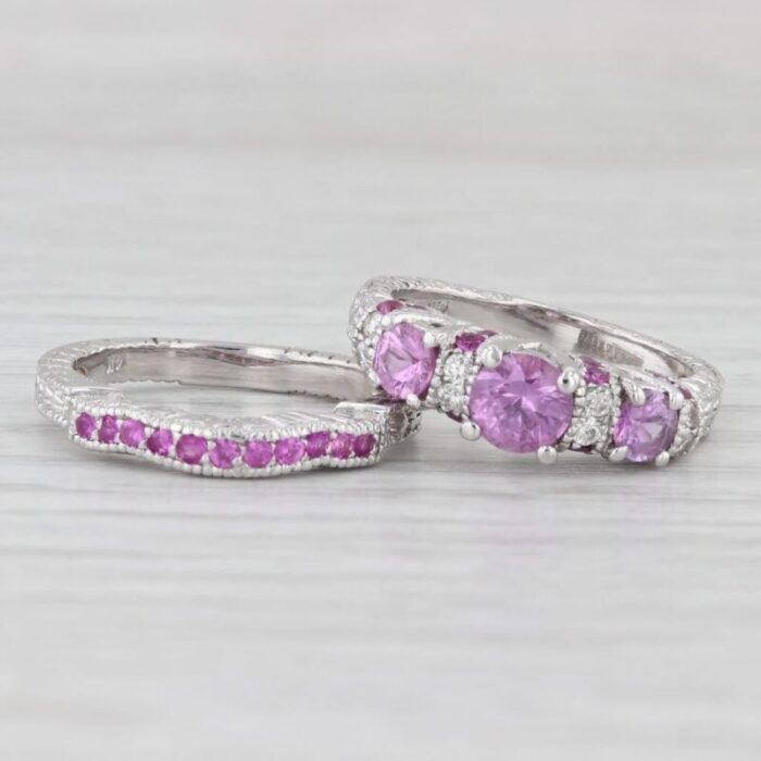 202ctw pink sapphire diamond engagement ring wedding band set 14k white gold 6178