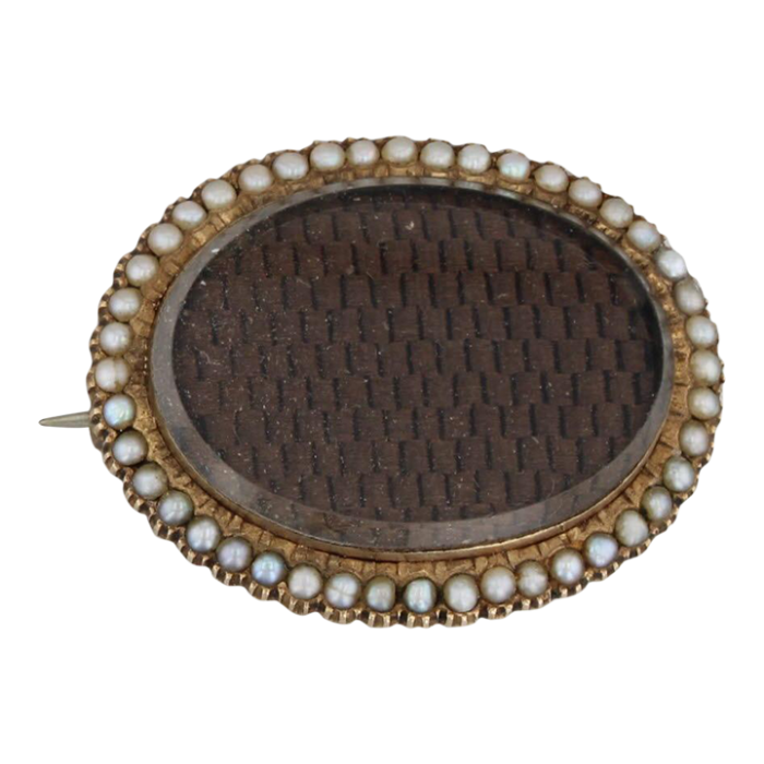 antique 1800s glass pearl halo hair brooch 18k gold mourning jewelry pin 7589