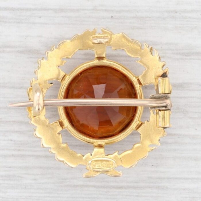 antique 550ct citrine wreath pin 15k yellow gold orange gemstone brooch 3679