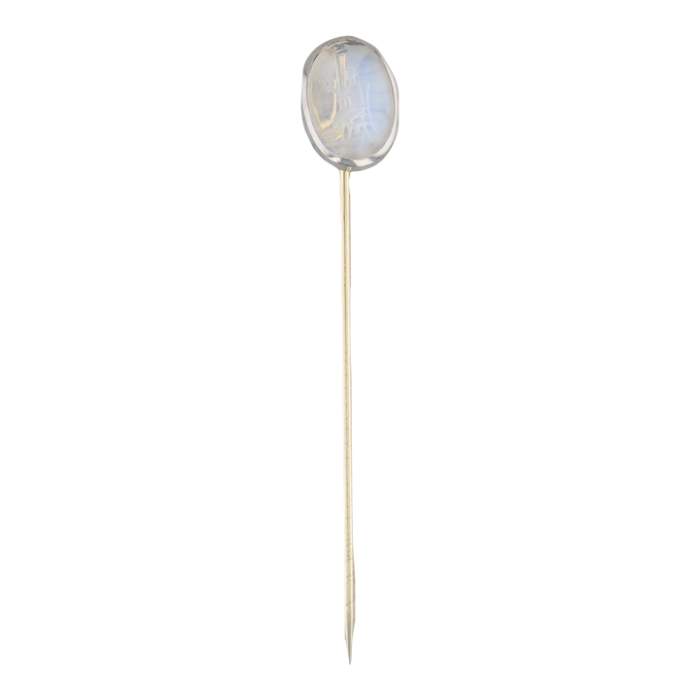 antique blue flash moonstone stickpin 14k gold platinum hand carved figural 8268