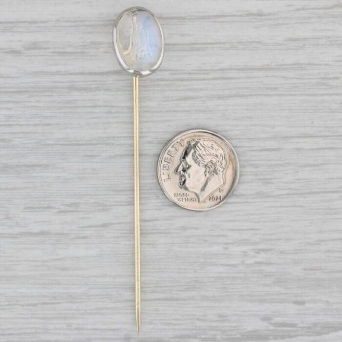 antique blue flash moonstone stickpin 14k gold platinum hand carved figural 9617