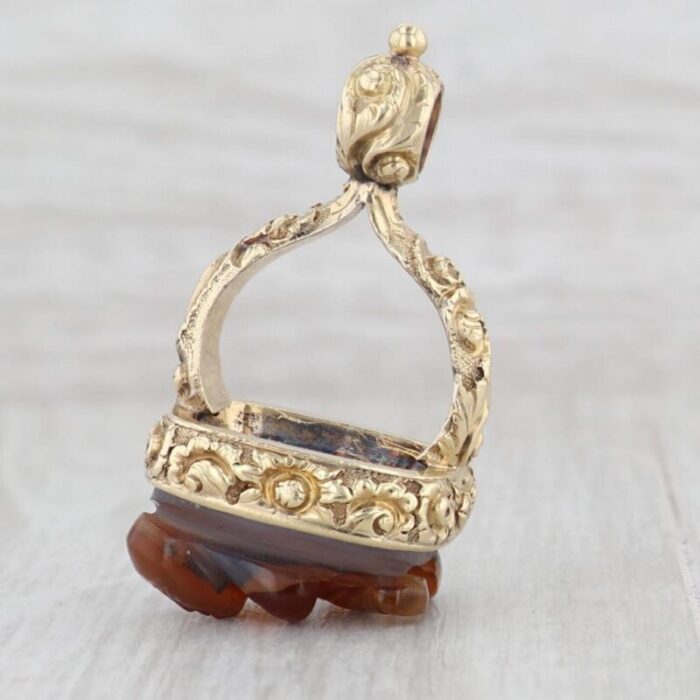 antique brown agate cameo figural fob charm pendant 14k gold 0712