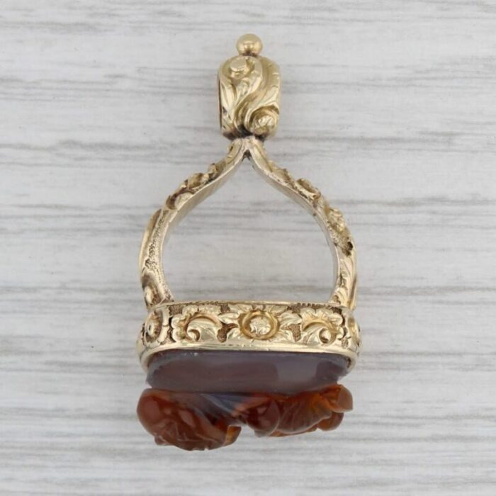 antique brown agate cameo figural fob charm pendant 14k gold 1602