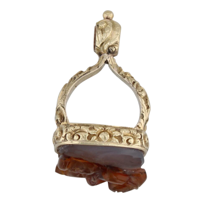 antique brown agate cameo figural fob charm pendant 14k gold 3254