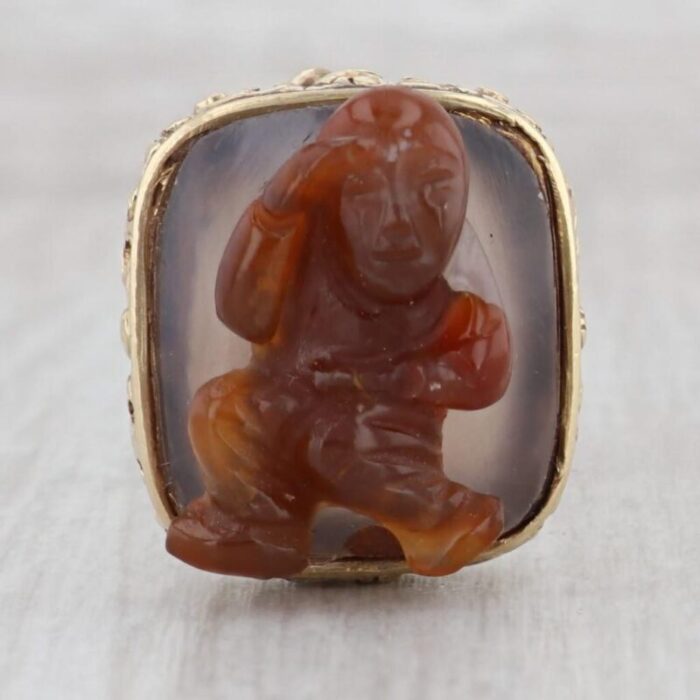 antique brown agate cameo figural fob charm pendant 14k gold 7261