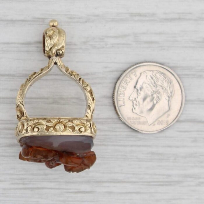 antique brown agate cameo figural fob charm pendant 14k gold 8908