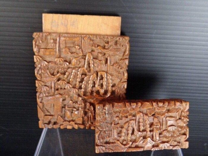 antique chinese pagoda scene of life card holder in carved wood 3