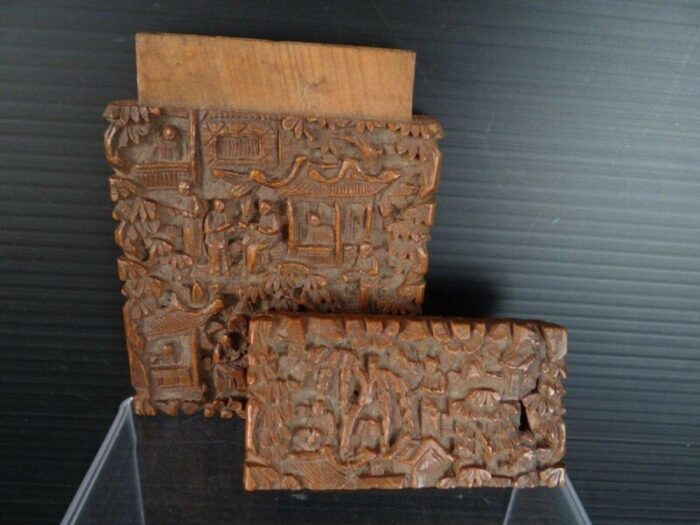 antique chinese pagoda scene of life card holder in carved wood 4