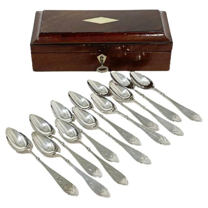 antique dutch spoon box in wood with 12 silver spoons 1