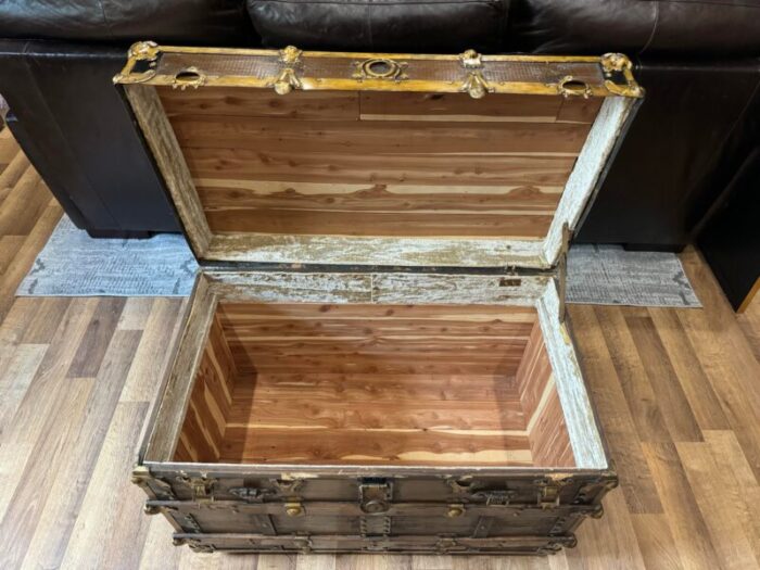 antique early american wooden steamer trunk with cedar brass black metal and crushed velvet 2286