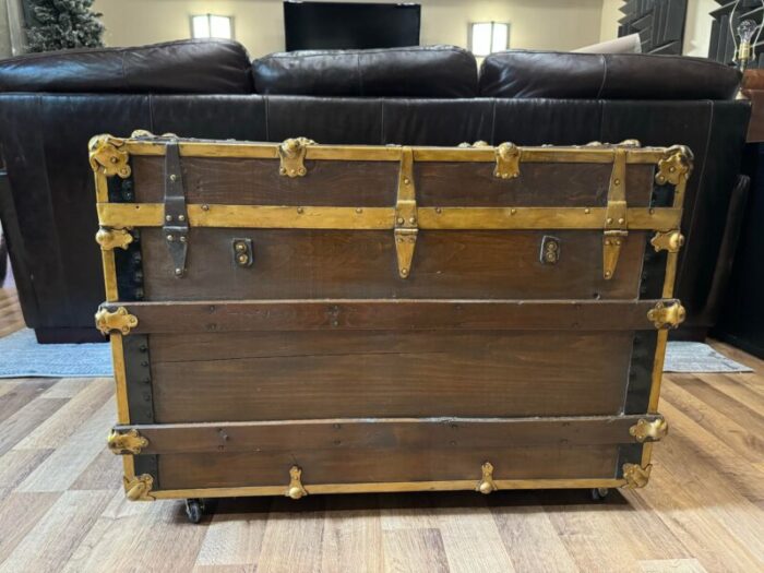 antique early american wooden steamer trunk with cedar brass black metal and crushed velvet 4089